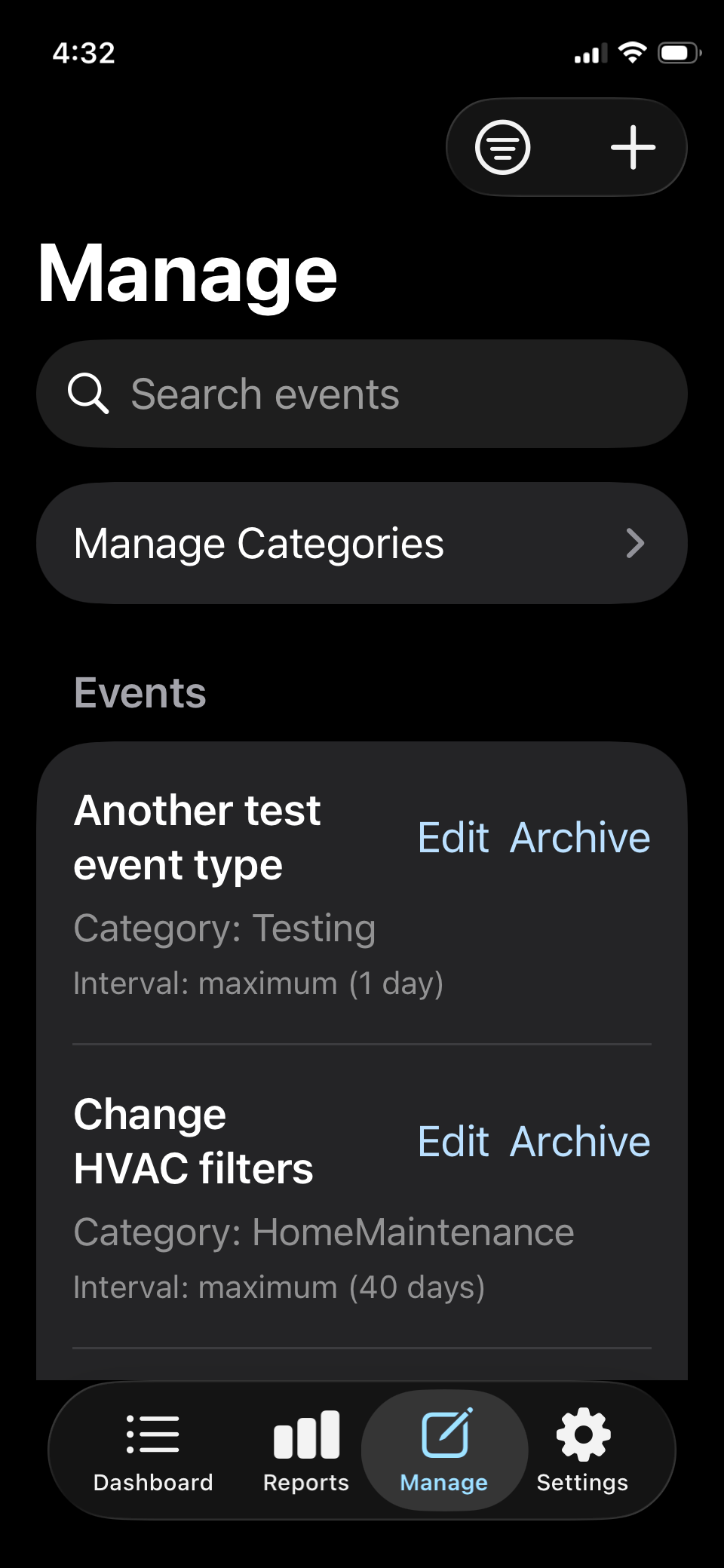 Elapsd iOS manage events